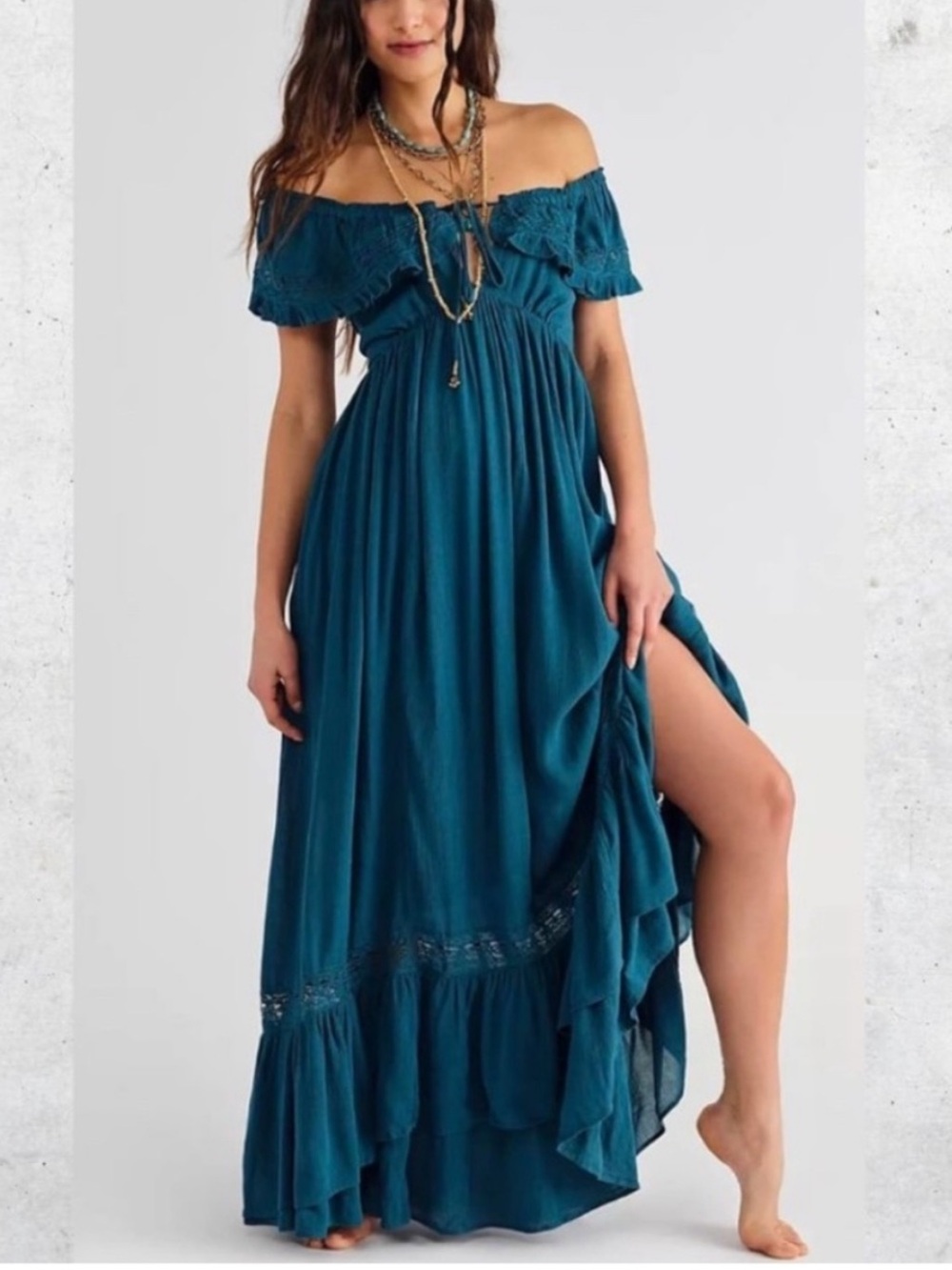 Free People Moonlight Ocean Open Back Ruffle Romantic Off Shoulder Maxi Dress